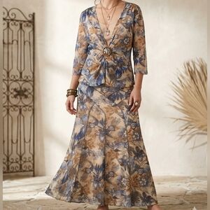 Vintage Blue & Brown Cottagecore Sheer Floral Mesh Set XL Fairy Boho Skirt & Top